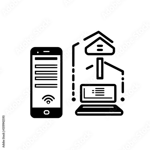 A modern office icon featuring a smartphone connected to a digital office network and cloud storage, symbolizing remote work, internet access, and corporate communication.