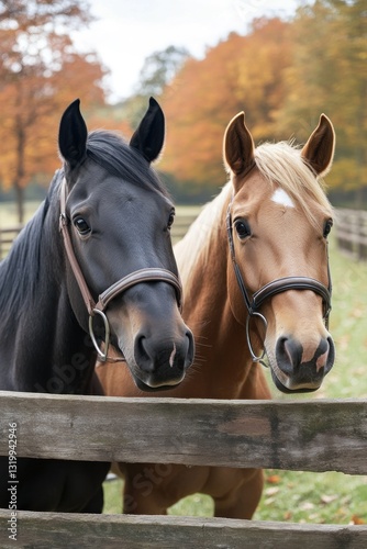 Two horses, one black and one tan, stand side by side at a wooden fence in a picturesque autumn landscape