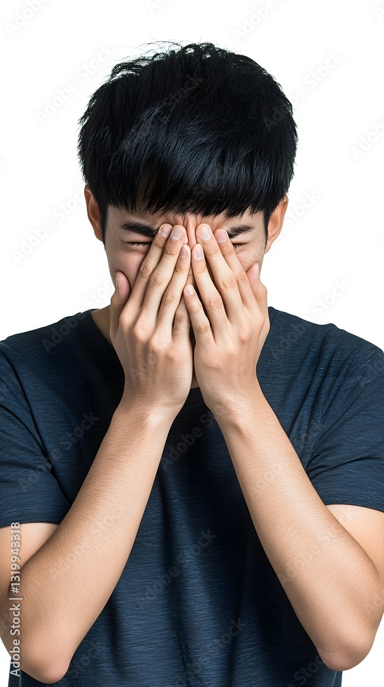 young man covering his face with his hands young man covering his face with his hands