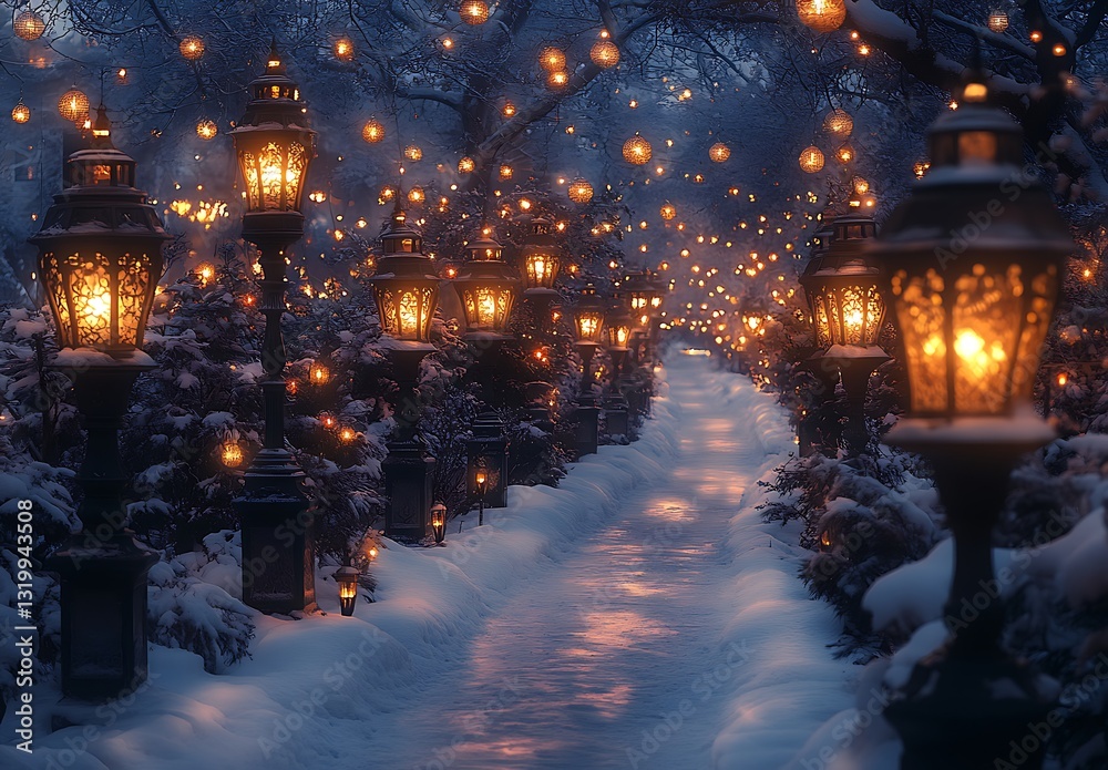 Obraz premium Winter Pathway with Glowing Lanterns and Falling Snow