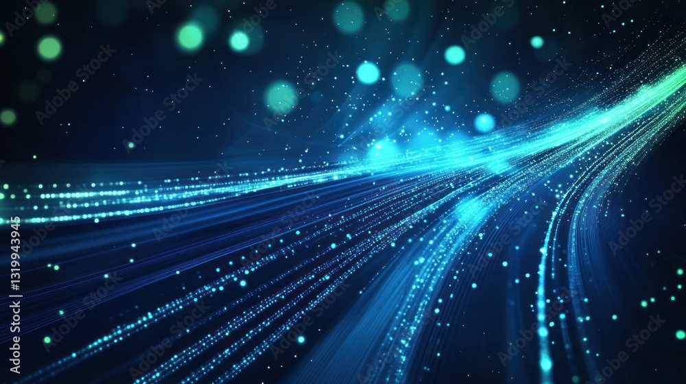 Fototapeta premium Abstract digital background featuring flowing blue light trails and luminous particles creating a dynamic atmosphere