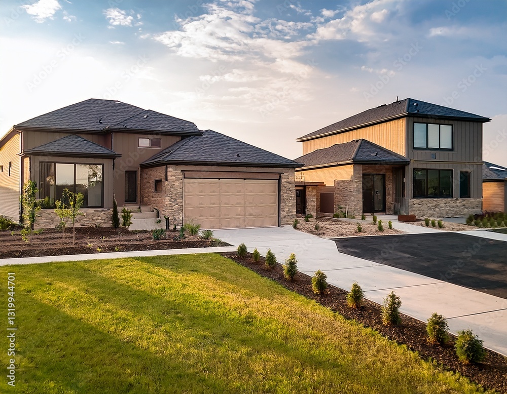 Obraz premium newly constructed suburban homes with modern architecture freshly landscaped