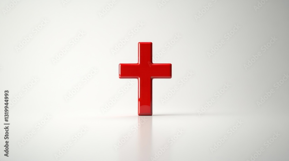 Obraz premium A bold red cross standing upright against a minimalist white background ideal for religious s