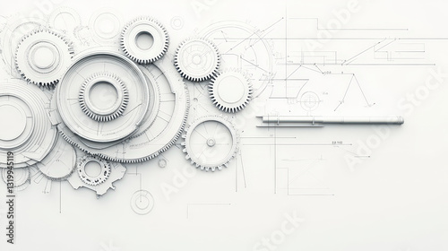 Mechanical gears and technical drawings create dynamic industrial design