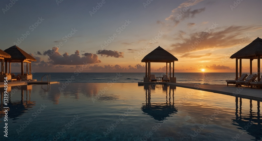 Sunset vista over tranquil pool water with thatched-roof cabanas bordering calm ocean waters. Sunset vista over tranquil pool water with thatched-roof cabanas bordering calm ocean waters.