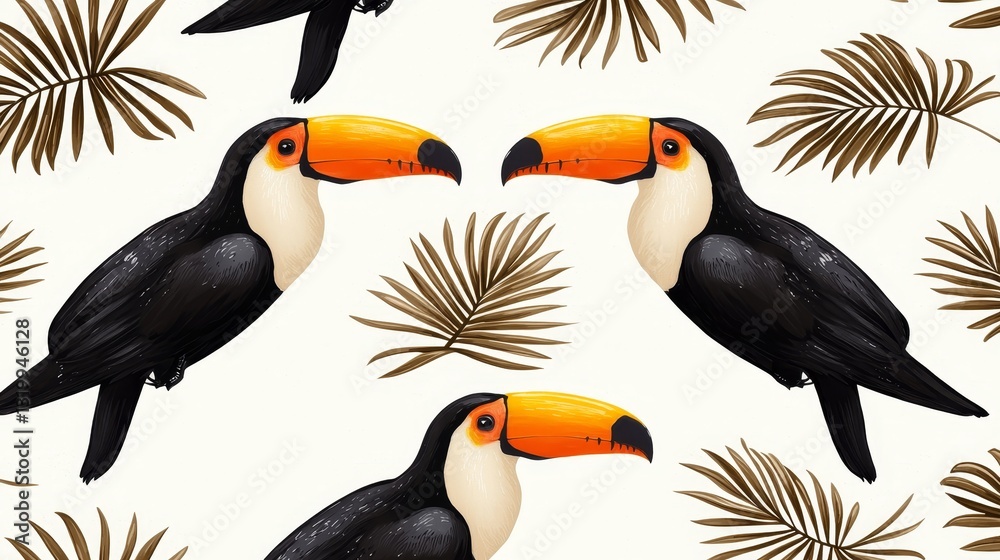 Fototapeta premium Exotic Toile de Jouy pattern featuring vibrant toucans, lush banana leaves, and delicate coconut trees, hand-drawn in fine vintage style