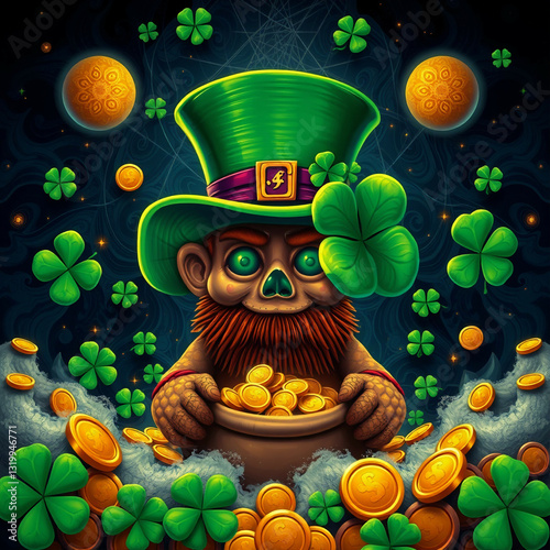 Ominous Lucky Leprechaun with Pot of Gold and Shamrock – St. Patrick’s Day 
