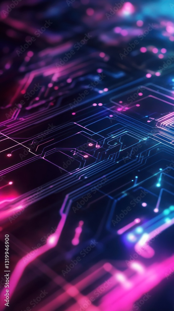 Obraz premium Abstract circuit board design with vibrant neon colors and lights