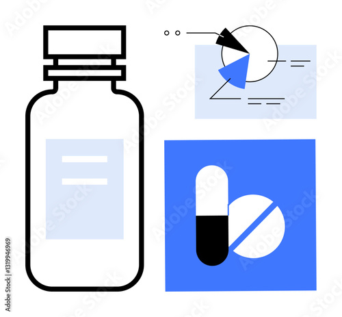 Medication bottle, capsule, and pie chart visuals representing data analytics, health management, pharmaceutical research, drug development, prescription tracking, medical studies, flat simple
