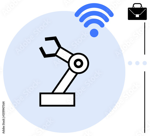 Robotic arm receiving wireless commands, demonstrating smart industry, automation. Ideal for IoT, technology, networking, innovation, manufacturing, digital transformation flat simple metaphor