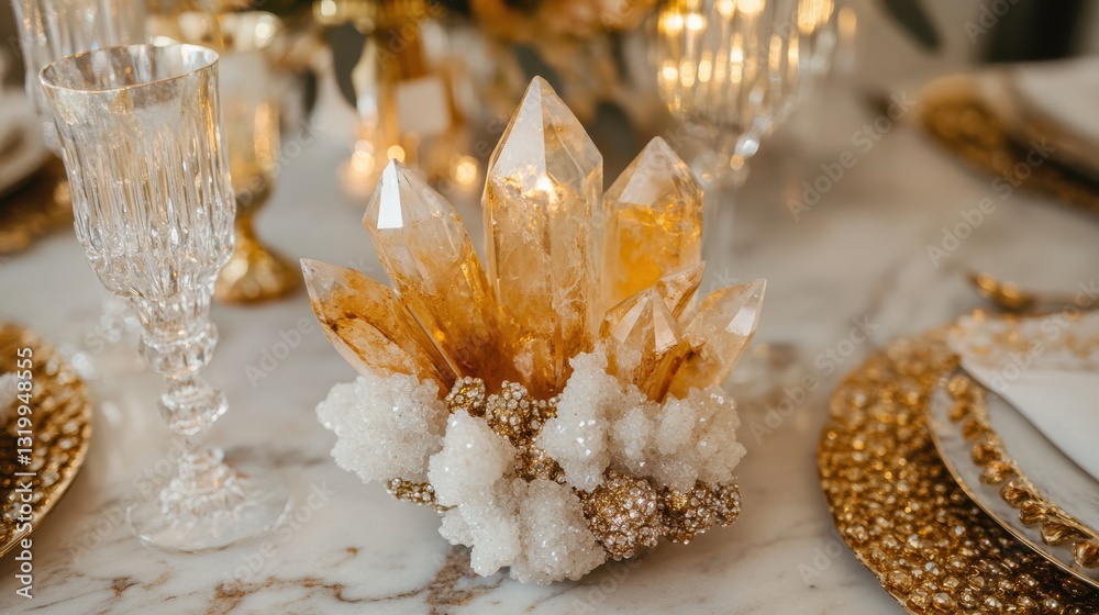 Elegant Table Setting with Citrine Crystal Centerpiece and Gold Accents on Marble Surface Elegant Table Setting with Citrine Crystal Centerpiece and Gold Accents on Marble Surface