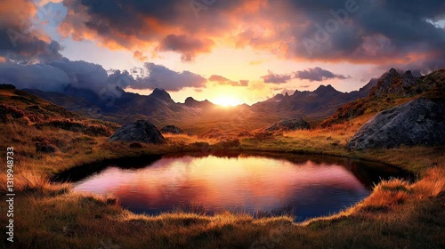 Breathtaking sunset over serene lake, surrounded by mountains and vibrant flora.