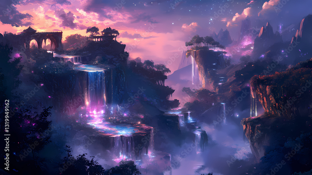 Fototapeta premium magical glowing waterfalls cascade
