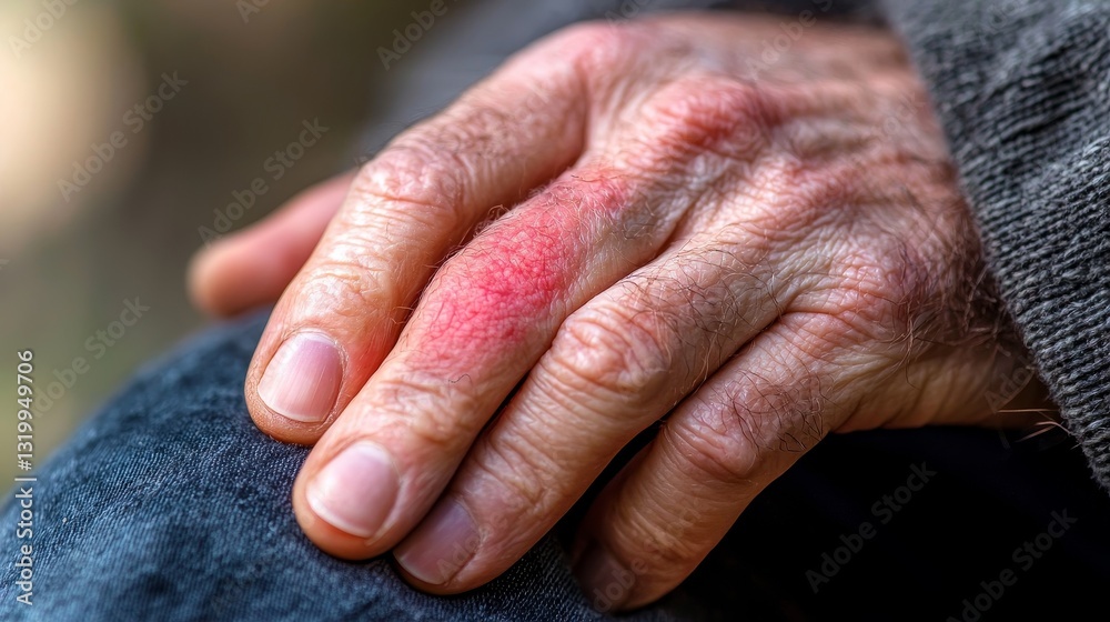 Fototapeta premium Close-up of fingers scratching a mosquito bite on the back of the hand, highlighting the red rash and inflamed skin caused by an allergic reaction