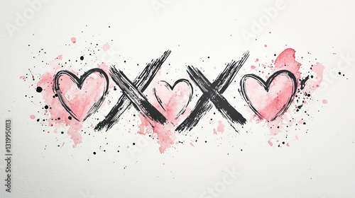 Elegant XOXO hugs and kisses brush lettering with flowing script and light ink splatters around the text, clean white background