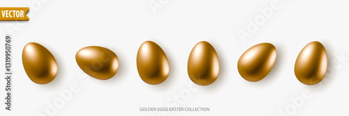 Set of realistic golden eggs in various angles shape isolated on white background. Use for Easter design objects, greeting cards, banners, or festive poster decorations. Vector gold egg collection