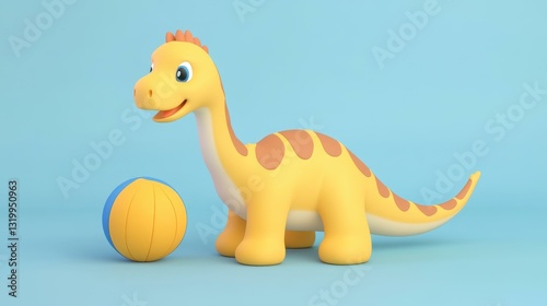 Fototapeta Naklejka Na Ścianę i Meble -  A cute, playful baby dinosaur enjoys rolling a bright ball in this charming 3D cartoon illustration. Perfect for kids themes