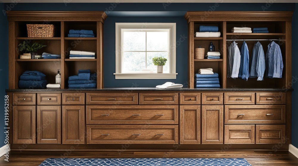 Organized laundry room with wooden cabinets, neatly folded clothes and towels. Image showcases efficient storage solutions for laundry necessities.