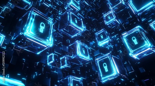 Digital protection layers symbolized by glowing blue shields, user private data encryption visualized as floating locks, dark cyber background, neon glow
