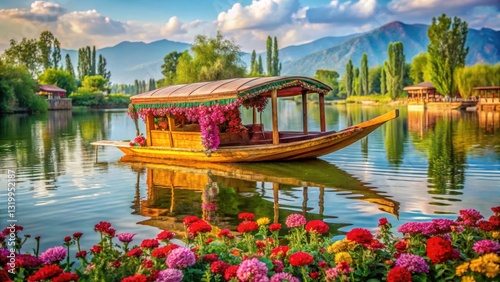 Traditional Shikara boat gently floating on the serene waters of Dal Lake in Srinagar, Kashmir, with lush greenery and vibrant flowers surrounding it, flowers, serene waters