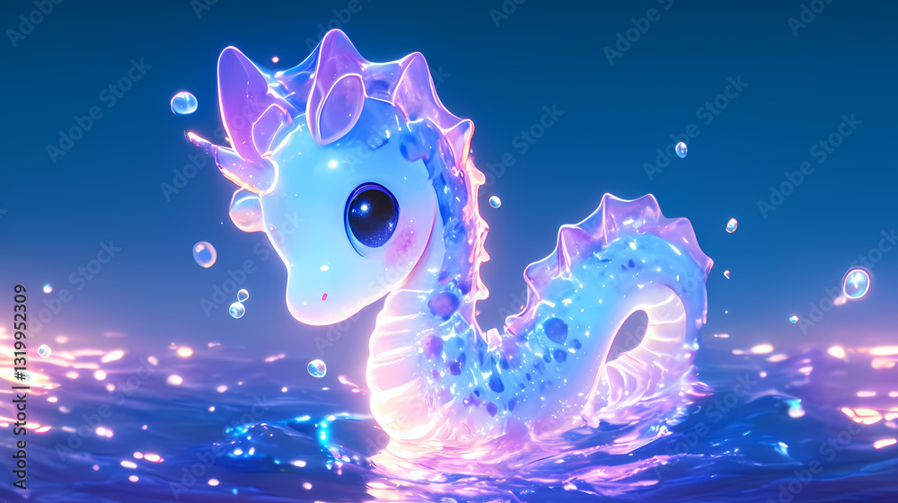 Obraz premium Colorful, magical sea creature emerging from sparkling water at twilight, surrounded by shimmering bubbles