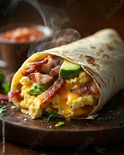 A close-up of a delicious breakfast burrito.