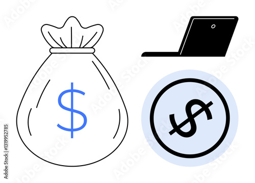 Money bag with dollar symbol, laptop silhouette, and encircled dollar sign. Ideal for finance, banking, savings, investment, technology innovation wealth. Flat simple metaphor