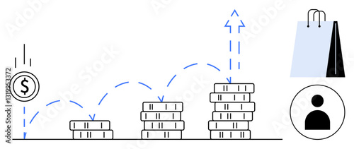 Coin stacks grow progressively with upward arrows suggesting profit, a shopping bag, and user icon symbolize financial success. Ideal for business, sales, growth, finance, e-commerce, investment