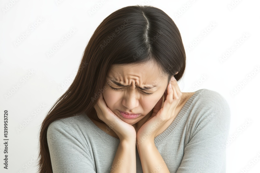Asian woman experiencing abdominal pain while holding her stomach and feeling discomfort Asian woman experiencing abdominal pain while holding her stomach and feeling discomfort