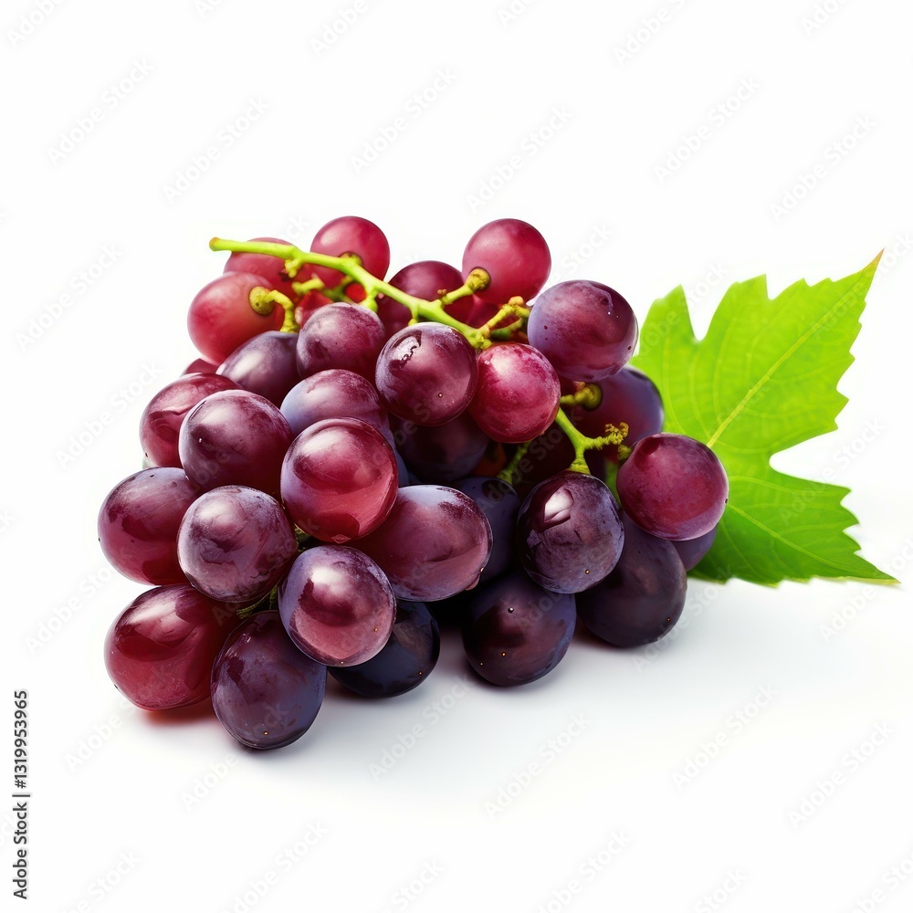 A vibrant bunch of ripe grapes showcases lush, plump berries and fresh green stems, set against a clean white backdrop. A vibrant bunch of ripe grapes showcases lush, plump berries and fresh green stems, set against a clean white backdrop.