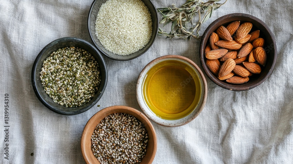 Healthy fats and omega-3 rich foods in small bowls: almonds, hemp seeds, olive oil, and grilled fish, top-down view on a linen cloth, natural style