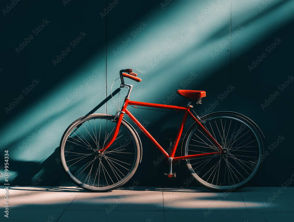 Fototapeta premium Rotes Fahrrad lehnt an wandnahem Hintergrund in sonniger Umgebung