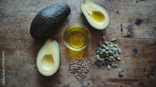 Healthy unsaturated fat choices like fish, avocados, olive oil, and mixed seeds on a clean rustic wooden surface, vibrant flat lay