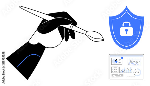 Hand holding a paintbrush next to a shield with a padlock icon and data analysis dashboard. Ideal for innovation, data protection, technology, creativity, cybersecurity, digital tools, artistic