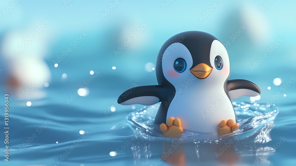 Obraz premium Playful cartoon penguin splashing in serene water, surrounded by soft-focus aquatic background
