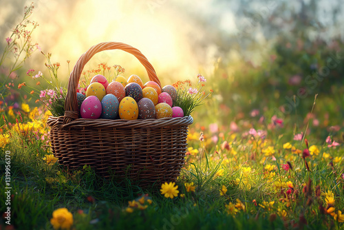 A basket full of colorful Easter eggs in a spring meadow photo