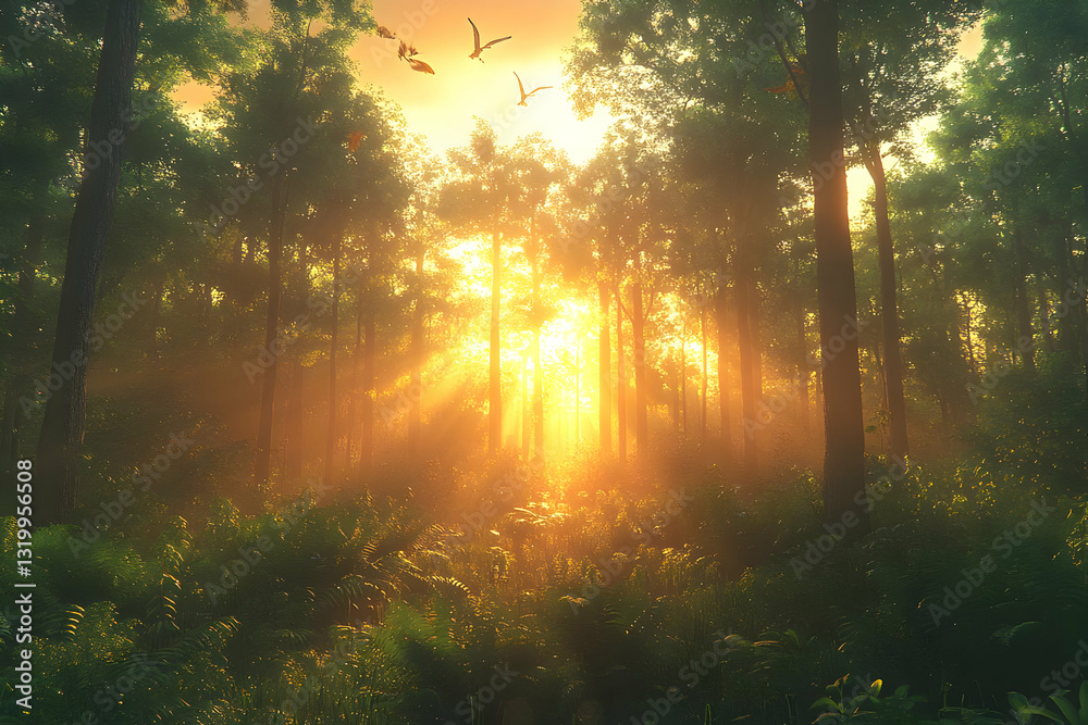 Fototapeta premium Golden Sunlight Through Autumn Forest