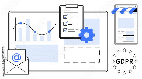 Email with icon, analytics chart, GDPR badge, checklist on clipboard, gear, mobile-friendly store. Ideal for data privacy, compliance business strategy law organization technology security. Flat