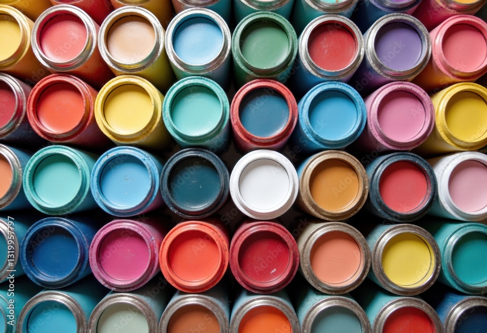A vibrant collection of paint cans arranged in a colorful pattern A vibrant collection of paint cans arranged in a colorful pattern