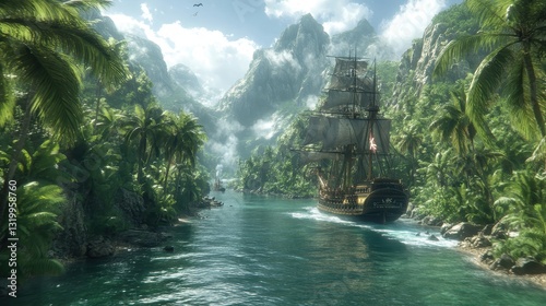 Tropical Canyon, Sailing Ship, Lush Landscape