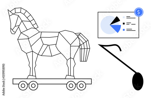 Geometric Trojan horse on wheels alongside a pie chart showcasing financial data and a black phishing hook. Ideal for cybersecurity, online scams, data breaches, hacking, digital security, fraud