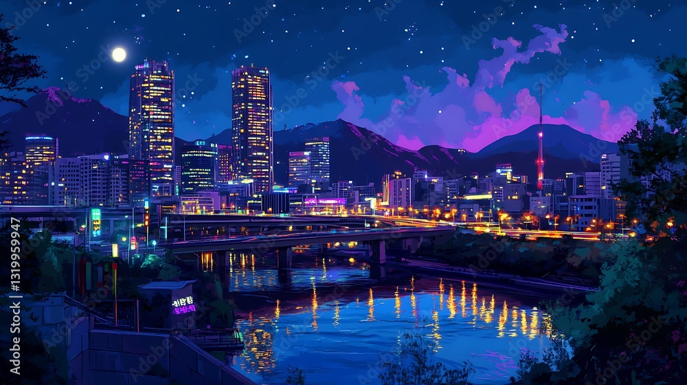 Fototapeta premium A vibrant night cityscape with illuminated buildings, a river, and mountains under a starry sky.