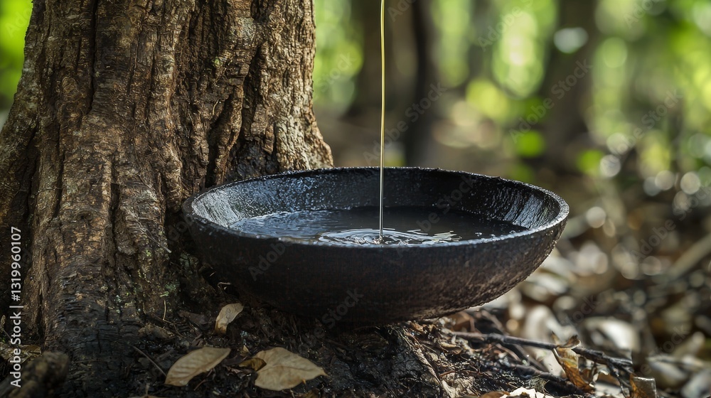 Detailed image of a rubber tree with freshly tapped latex gently dripping into a rustic black bowl, surrounded by natural forest floor textures Detailed image of a rubber tree with freshly tapped latex gently dripping into a rustic black bowl, surrounded by natural forest floor textures