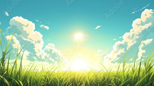 Serene Landscape with Lush Green Grass and Bright Sunlight Illuminating a Clear Blue Sky with Fluffy White Clouds, Perfect for Nature-themed Illustrations and Wall Art