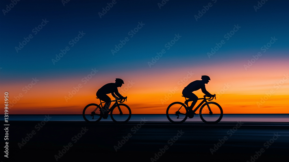 Obraz premium Radfahrer genießen Sonnenuntergang auf malerischer Küstenstraße