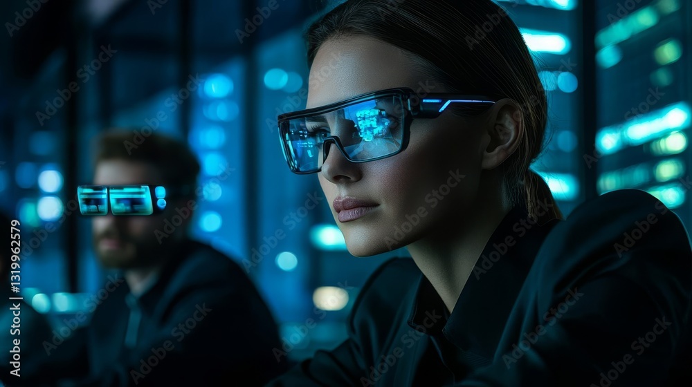Business networking group company people office background Futuristic team in smart glasses analyzing data. Business networking group company people office background Futuristic team in smart glasses analyzing data.
