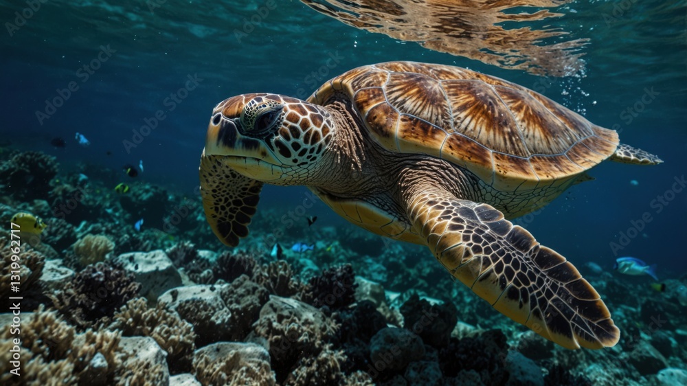 Obraz premium Sea Turtle gliding through clear ocean waters, reef below, sun shining through the ocean surface.