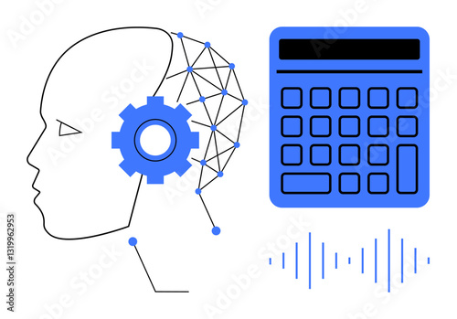 Human profile with digital network and gear, calculator, and soundwave visualization. Ideal for technology, AI, machine learning, innovation, automation data analysis education. Flat simple