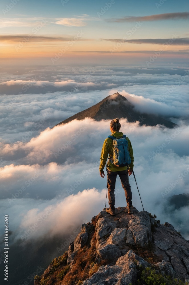Obraz premium Hiker surveys a breathtaking mountain vista shrouded in cloud cover, enjoying nature's beauty.