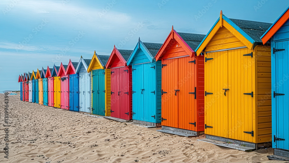 Naklejka premium A Row of Colorful Beach Huts on a Sandy Seaside shore. Blue, Sky and Sea, Holiday / Vacation Background